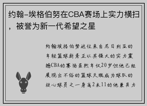 约翰-埃格伯努在CBA赛场上实力横扫，被誉为新一代希望之星